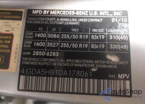 2013 Mercedes-Benz Ml 350 4Matic из США, поврежденный, VIN 4JGDA5HB1DA178061